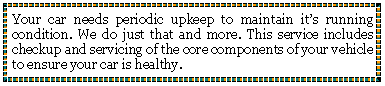 Text Box: Your car needs periodic upkeep to maintain its running condition. We do just that and more. This service includes checkup and servicing of the core components of your vehicle to ensure your car is healthy.